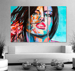 COLORFUL EMOTIONS Charming Young Woman Fantasy Girl Pop Art Style Trendy Art People Portrait Wall Hangings Artesty 3 panels 36" x 24" 