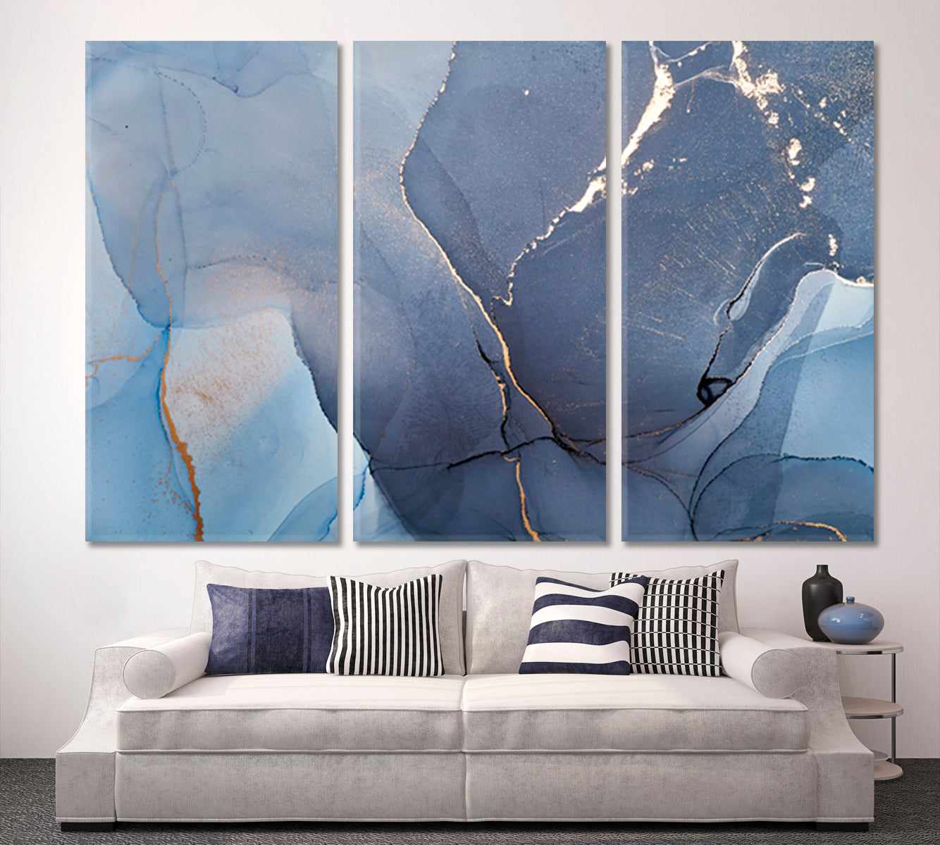 TENDER Blue Marble Alcohol Ink Fluid Art, Oriental Marbling Canvas Print Artesty 3 panels 36" x 24" 