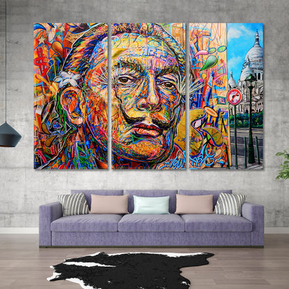 Abstract Salvador Dali Signed Wall Urban Graffiti Street Art Celebs Canvas Print Artesty 3 panels 36" x 24" 