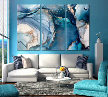 Blue Marble Tender Dreamy Design Luxury Abstract Fluid Art Fluid Art, Oriental Marbling Canvas Print Artesty 3 panels 36" x 24" 