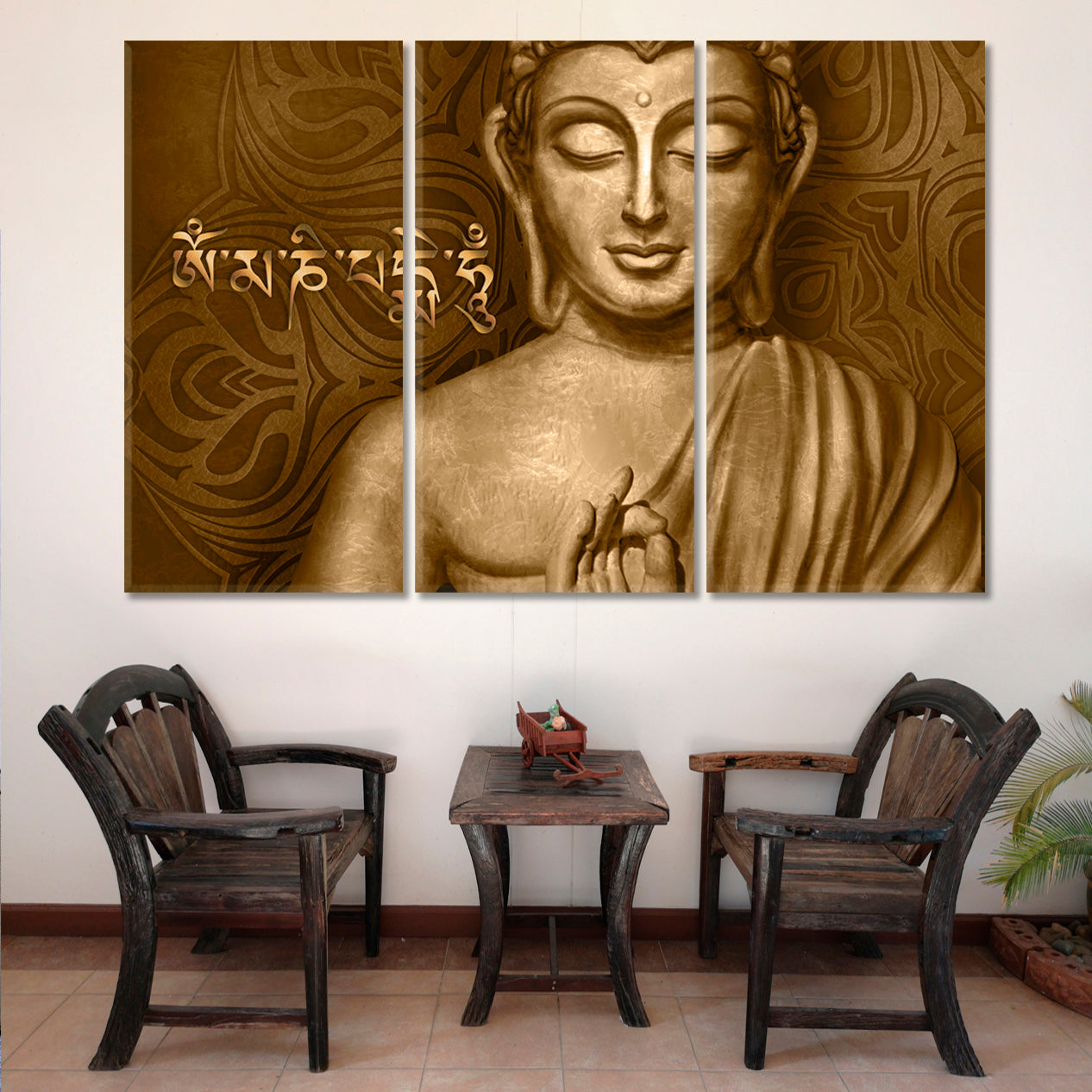 Buddha Mantra Om Mani Padme Hum Religious Modern Art Artesty 3 panels 36" x 24" 