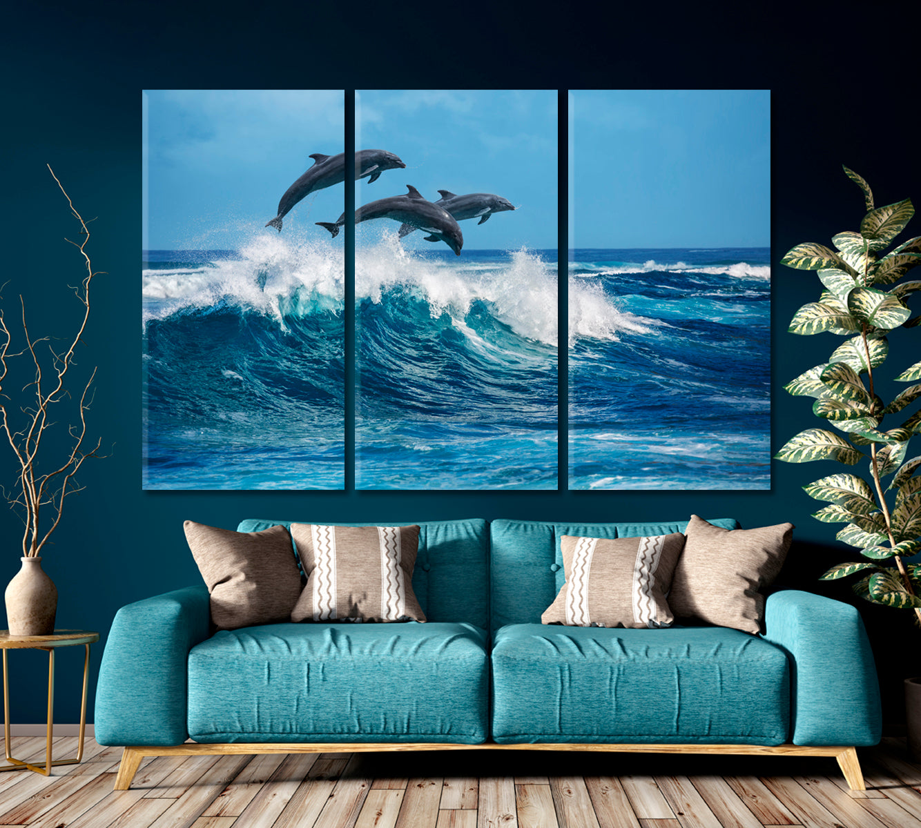 WILDLIFE Ocean Hawaii Dolphins Breaking Waves Marine Animals Nautical, Sea Life Pattern Art Artesty 3 panels 36" x 24" 