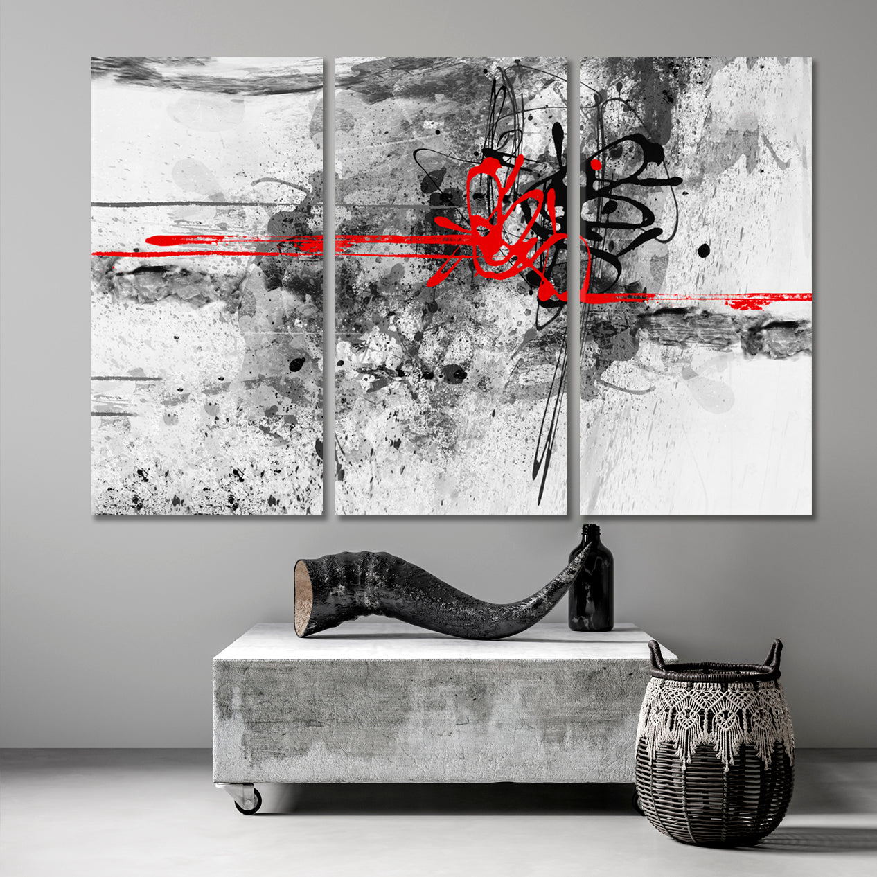 RED & BLACK ON WHITE Abstract Expressionist Drip Painting Jackson Pollock Style Canvas Print Abstract Art Print Artesty 3 panels 36" x 24" 