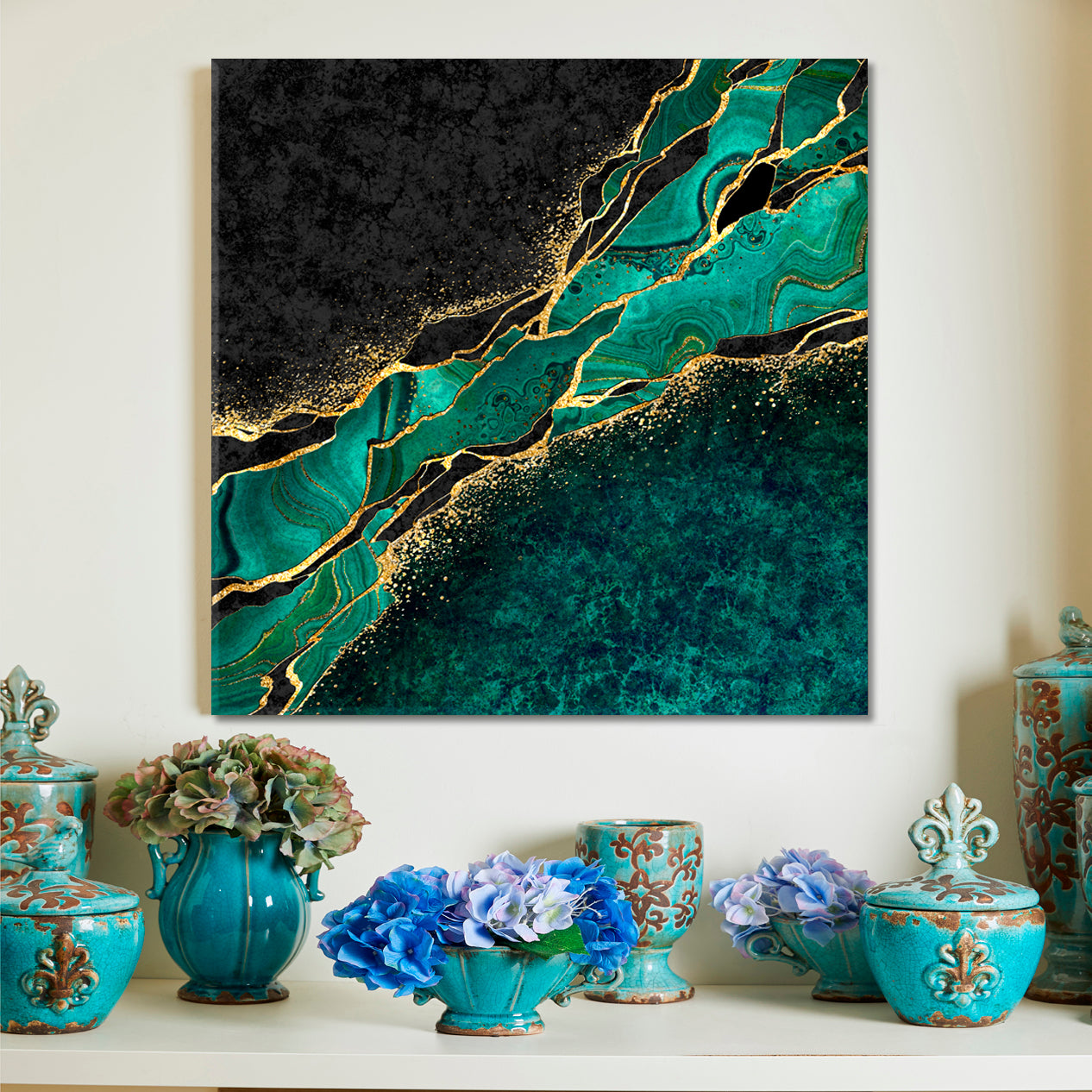 MALACHITE Japanese Kintsugi Technique Abstract Green Black Marble with Gold Veins Stone Canvas Print - Square Fluid Art, Oriental Marbling Canvas Print Artesty 1 Panel 12"x12" 