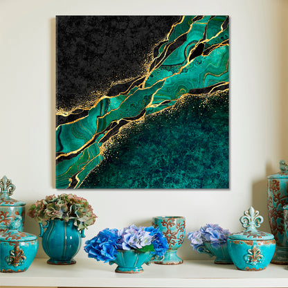 MALACHITE Japanese Kintsugi Technique Abstract Green Black Marble with Gold Veins Stone Canvas Print - Square Fluid Art, Oriental Marbling Canvas Print Artesty 1 Panel 12"x12" 