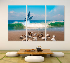 DOLPHINS | Dolphins Group Jumping Sea Wave Beautiful Seascape Blue Sky Canvas Print Nautical, Sea Life Pattern Art Artesty 3 panels 36" x 24" 