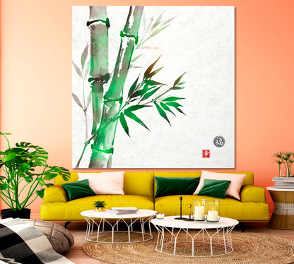 LUCK AND HAPPINESS Green Bamboo Sumi-e style ZEN Canvas Print - Square Asian Style Canvas Print Wall Art Artesty   