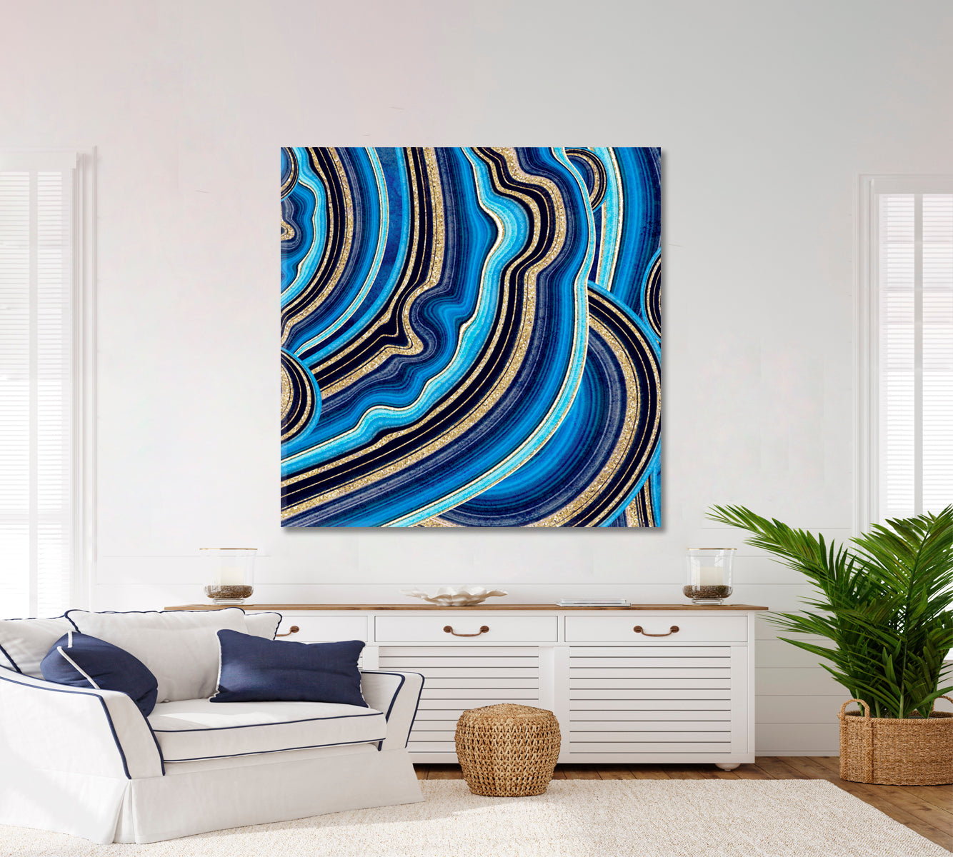 Agate with Blue and Gold Veins Swirls of Marble Canvas Print - Square Abstract Art Print Artesty   