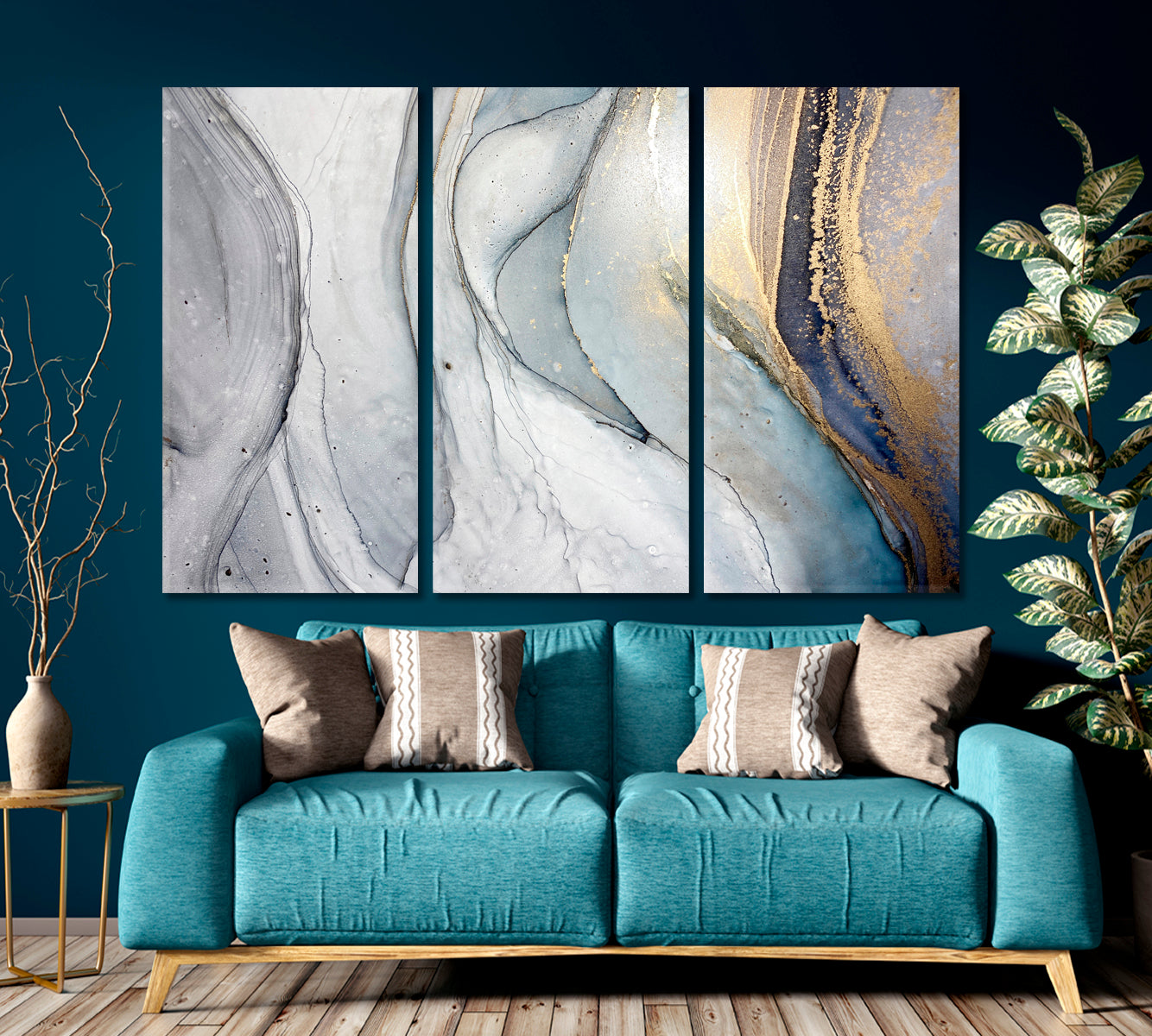 MARBLE FLOW Abstract Blue Light Grey Veins Fluid Art, Oriental Marbling Canvas Print Artesty 3 panels 36" x 24" 