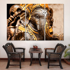 Hindu God Ganesha Idol Religious Modern Art Artesty 3 panels 36" x 24" 