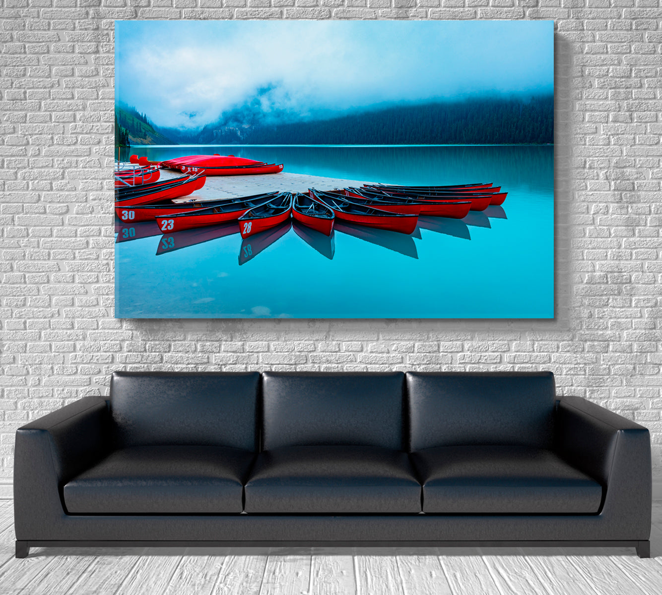 Red Canoes Turquoise Crystal Water Alberta Canada Foggy Lake Louise Scenery Landscape Fine Art Print Artesty   