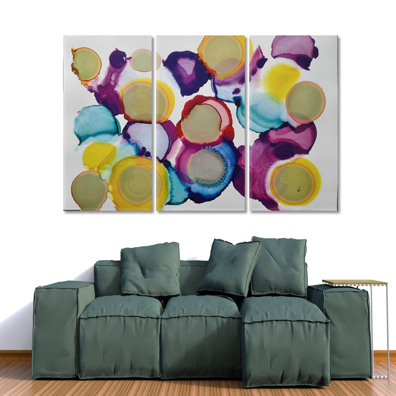 Yellow Purple Blue Alcohol Ink Stains Aqua Painting Abstract Art Print Artesty 3 panels 36" x 24" 