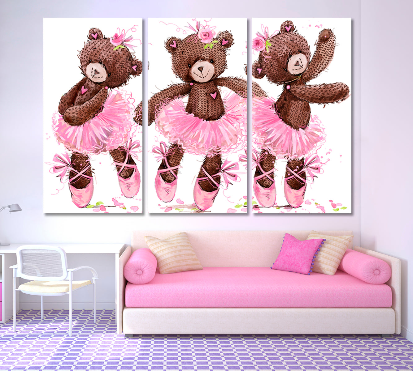 Kids Room Nursery Concept Cute Teddy Bear Sweet Cartoon Ballerina Canvas Print Kids Room Canvas Art Print Artesty 3 panels 36" x 24" 