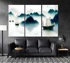 Mountains Sailboat Horizon Traditional Chinese Ink Landscape Asian Style Canvas Print Wall Art Artesty 3 panels 36" x 24" 
