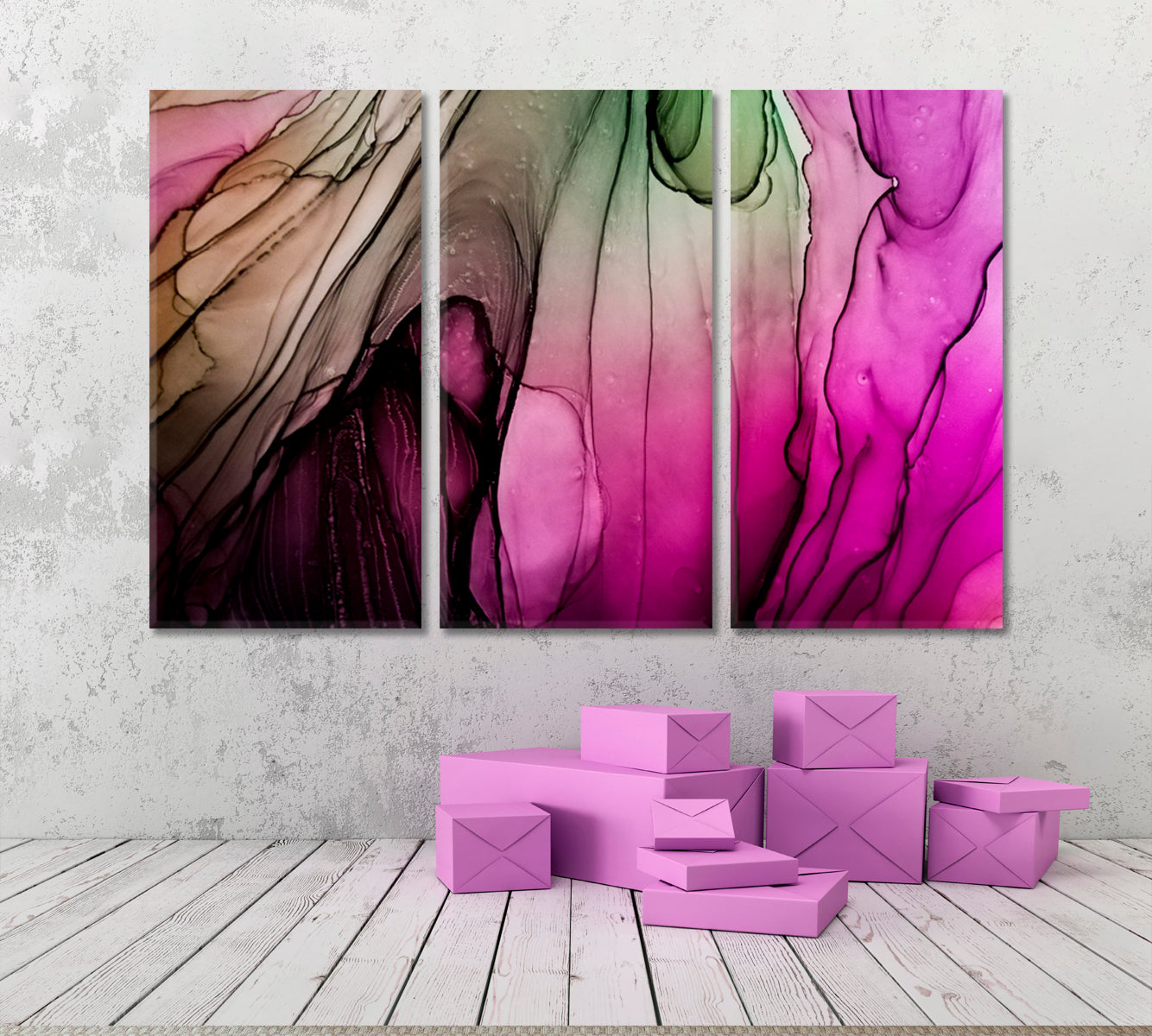 SUMINAGASHI Alcohol Ink Unique Pattern Violet Green Fluid Art, Oriental Marbling Canvas Print Artesty 3 panels 36" x 24" 