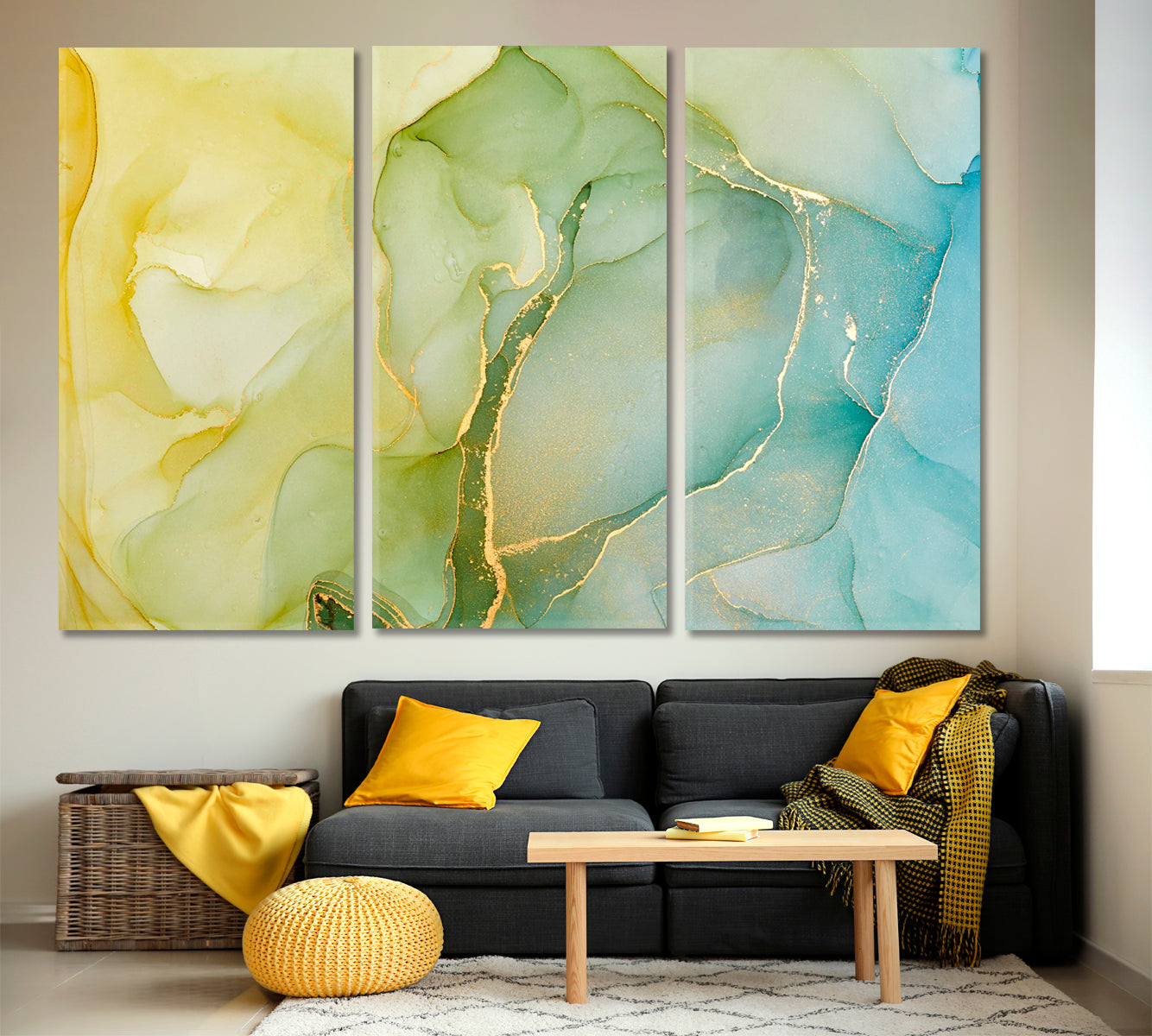 Yellow Green Blue Mixing Ink Colors Marble Pattern Fluid Art, Oriental Marbling Canvas Print Artesty 3 panels 36" x 24" 
