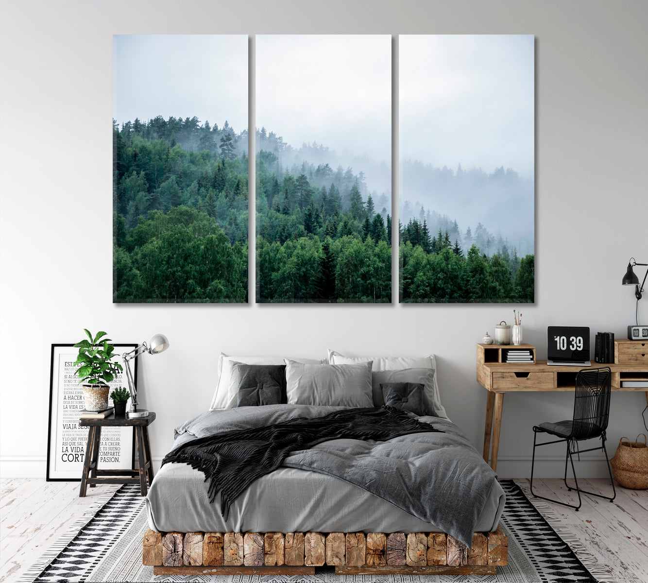MISTY LANDSCAPE Mountain Trees in Fog Scenery Landscape Fine Art Print Artesty 3 panels 36" x 24" 