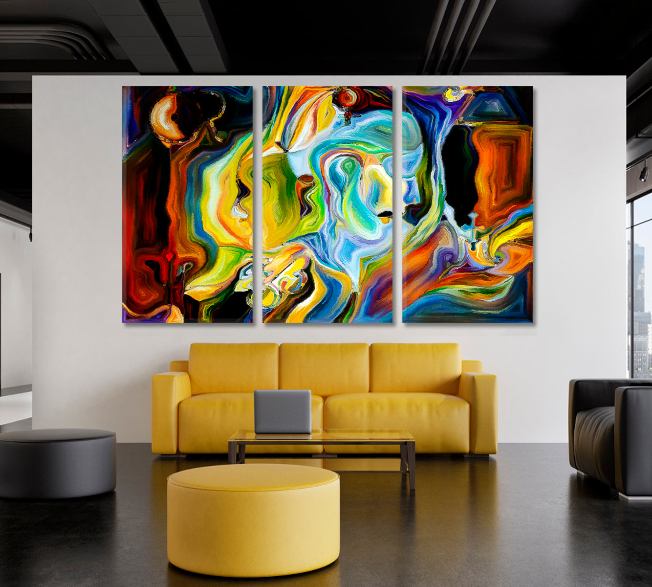 Behind Consciousness. Surreal World Of Colors And Curves Contemporary Art Artesty 3 panels 36" x 24" 