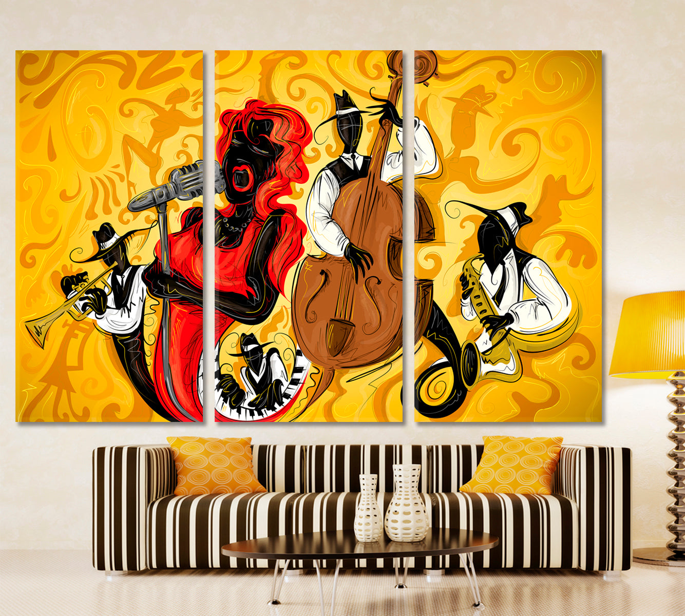 Music Jazz Musical Instruments Double Bass Saxophone Trumpet Music Wall Panels Artesty 3 panels 36" x 24" 