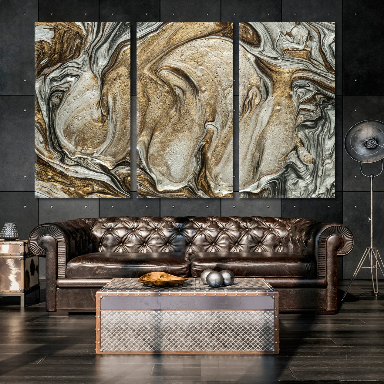 EBRU Golden Glossy Effect Grey Brown Marble Abstract Pattern Modern Fluid Art, Oriental Marbling Canvas Print Artesty 3 panels 36" x 24" 