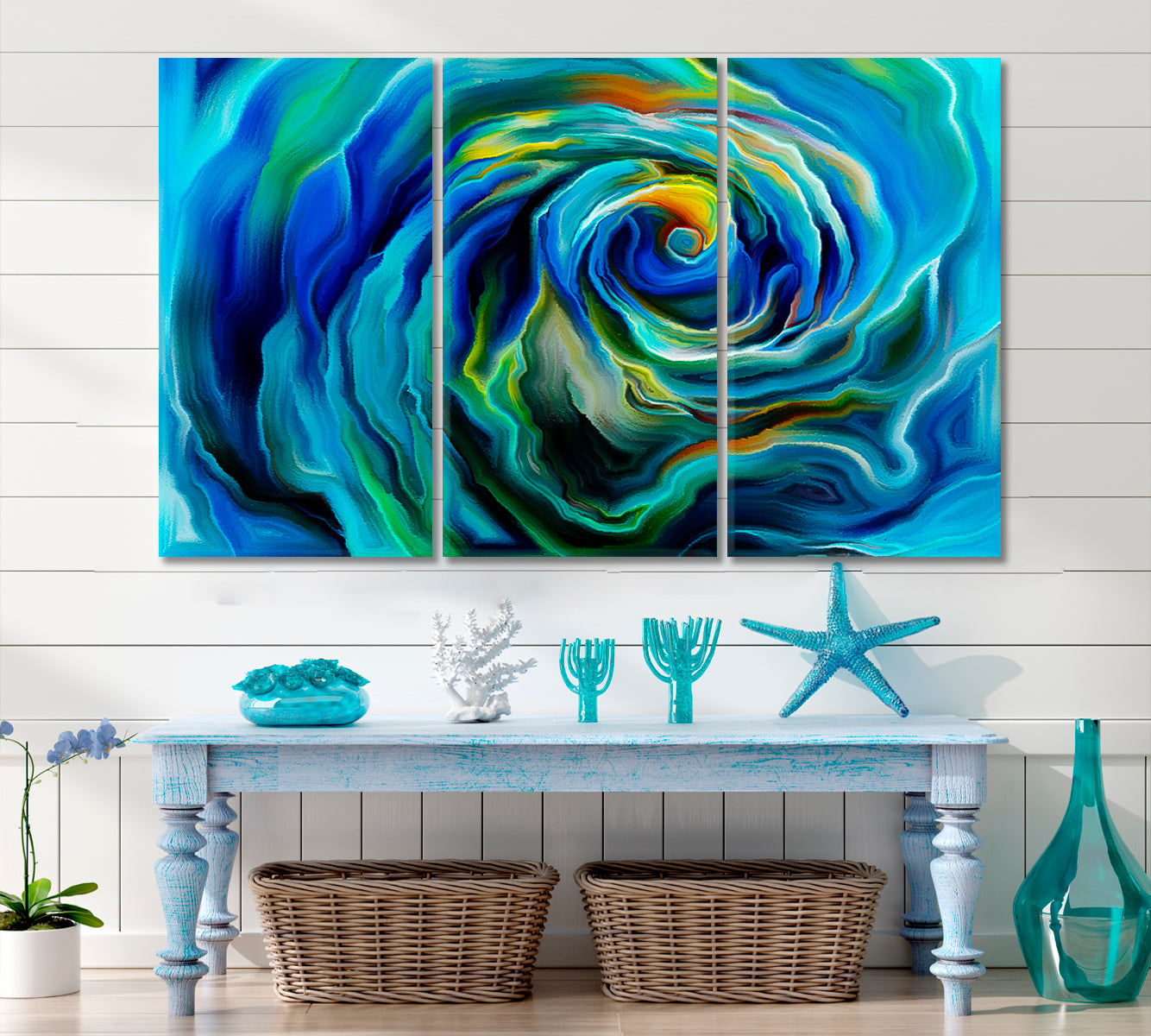 Bright Blue Trendy Abstract Swirls Giclee Contemporary Art Artesty 3 panels 36" x 24" 