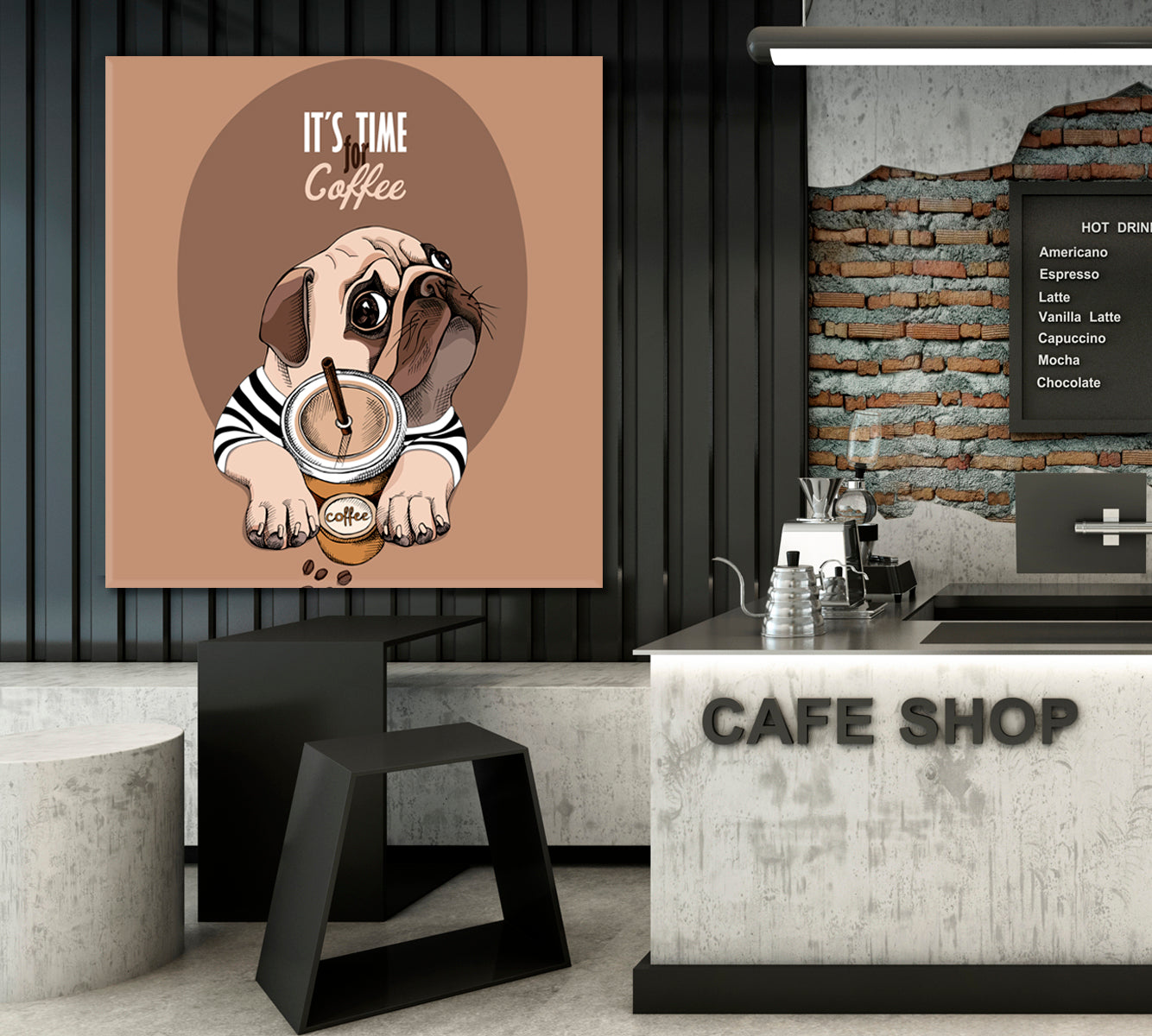 IT'S TIME FOR COFFEE Pug Dog & Cup of a Coffee Funny Animals Canvas Print - Square Panel Animals Canvas Print Artesty 1 Panel 12"x12" 