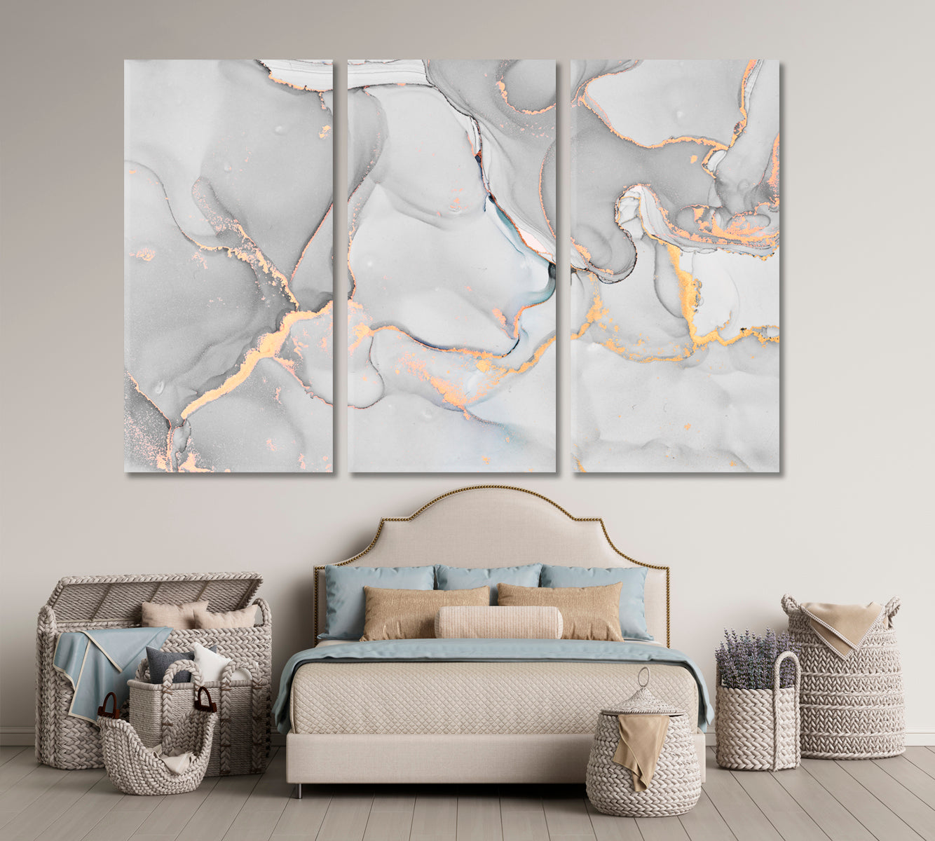 MARBLE Tender Gray White Transparent Waves Abstract Fluid Painting Fluid Art, Oriental Marbling Canvas Print Artesty 3 panels 36" x 24" 