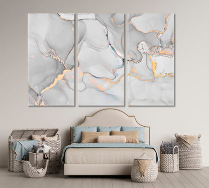 MARBLE Tender Gray White Transparent Waves Abstract Fluid Painting Fluid Art, Oriental Marbling Canvas Print Artesty 3 panels 36" x 24" 