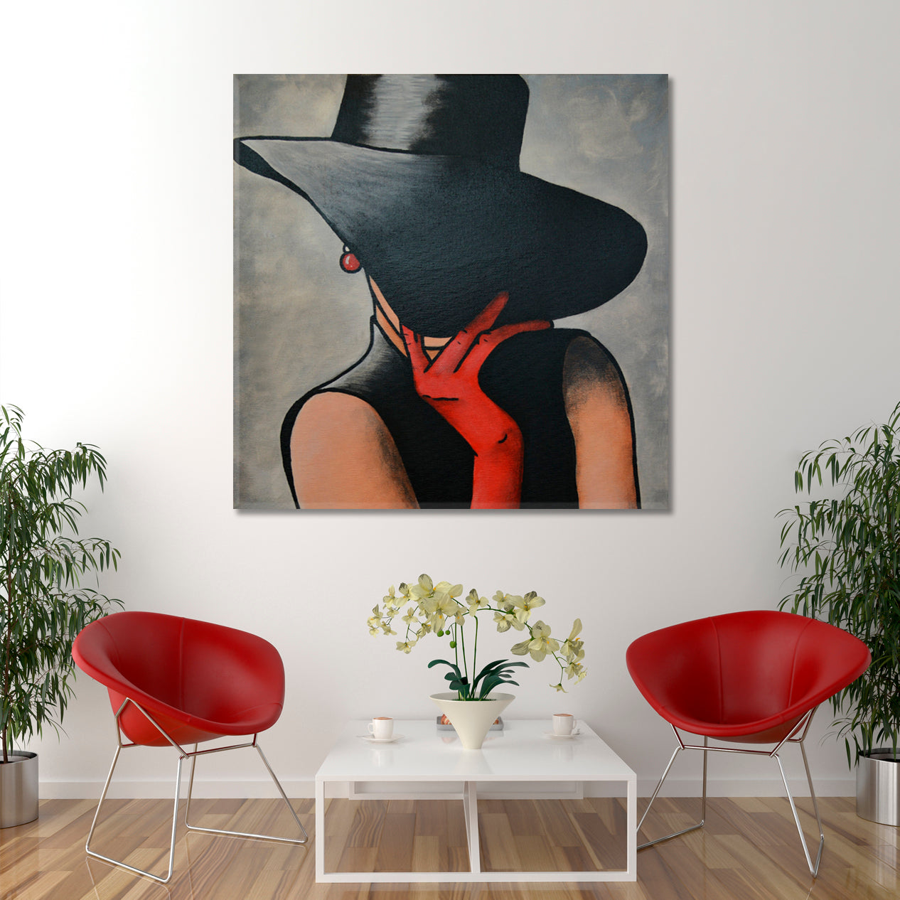 LADY Red Gloves Abstract Art Woman Portrait Fashion Canvas Print Artesty 1 Panel 12"x12" 