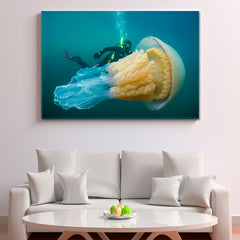 DEEP SEA Underwater Diving Giant Lion's Mane Jellyfish Medusa Ocean Nautical, Sea Life Pattern Art Artesty 1 panel 24" x 16" 