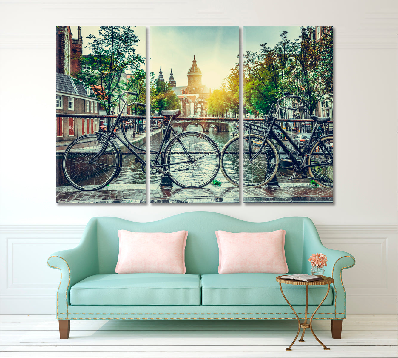 Bicycle Canal Bridge Amsterdam City Netherlands Old Streets Cities Wall Art Artesty 3 panels 36" x 24" 
