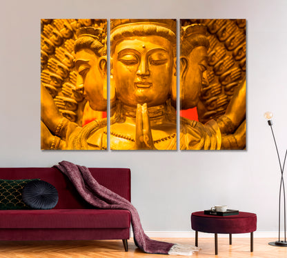 Golden God Chinese Temple Bangkok Thailand Religious Modern Art Artesty 3 panels 36" x 24" 