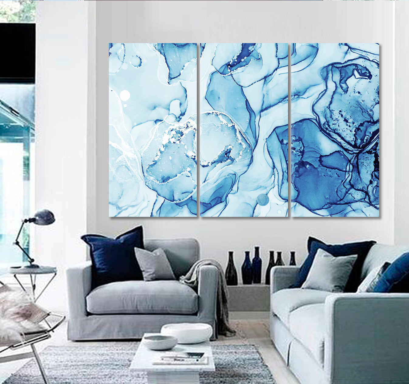 Alcohol Ink Sapphirine Blue White Sea Waves Marble Fluid Art, Oriental Marbling Canvas Print Artesty 3 panels 36" x 24" 