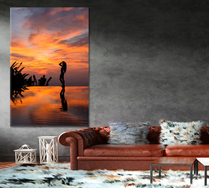 INFINITY EDGE Landscape Luxury Beach Pool Silhouette Woman at Sunset - Vertical Scenery Landscape Fine Art Print Artesty   