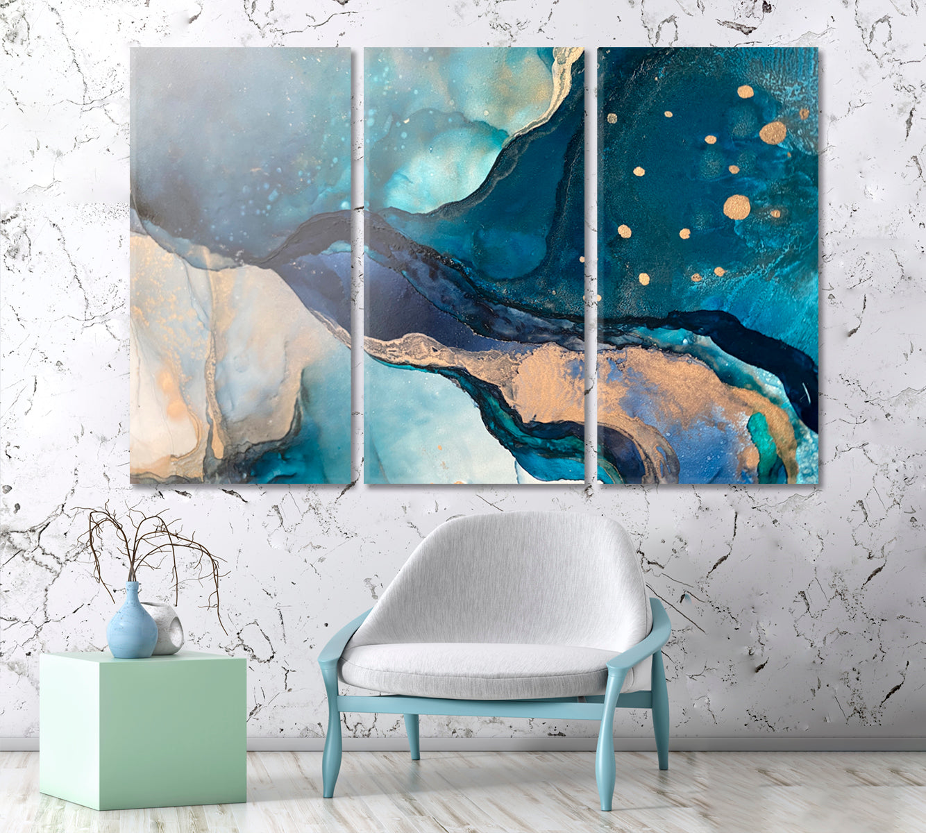 MARBLE VEINING Translucent Blue Fluid Art Golden Veins Suminagashi Office Wall Art Canvas Print Artesty 3 panels 36" x 24" 