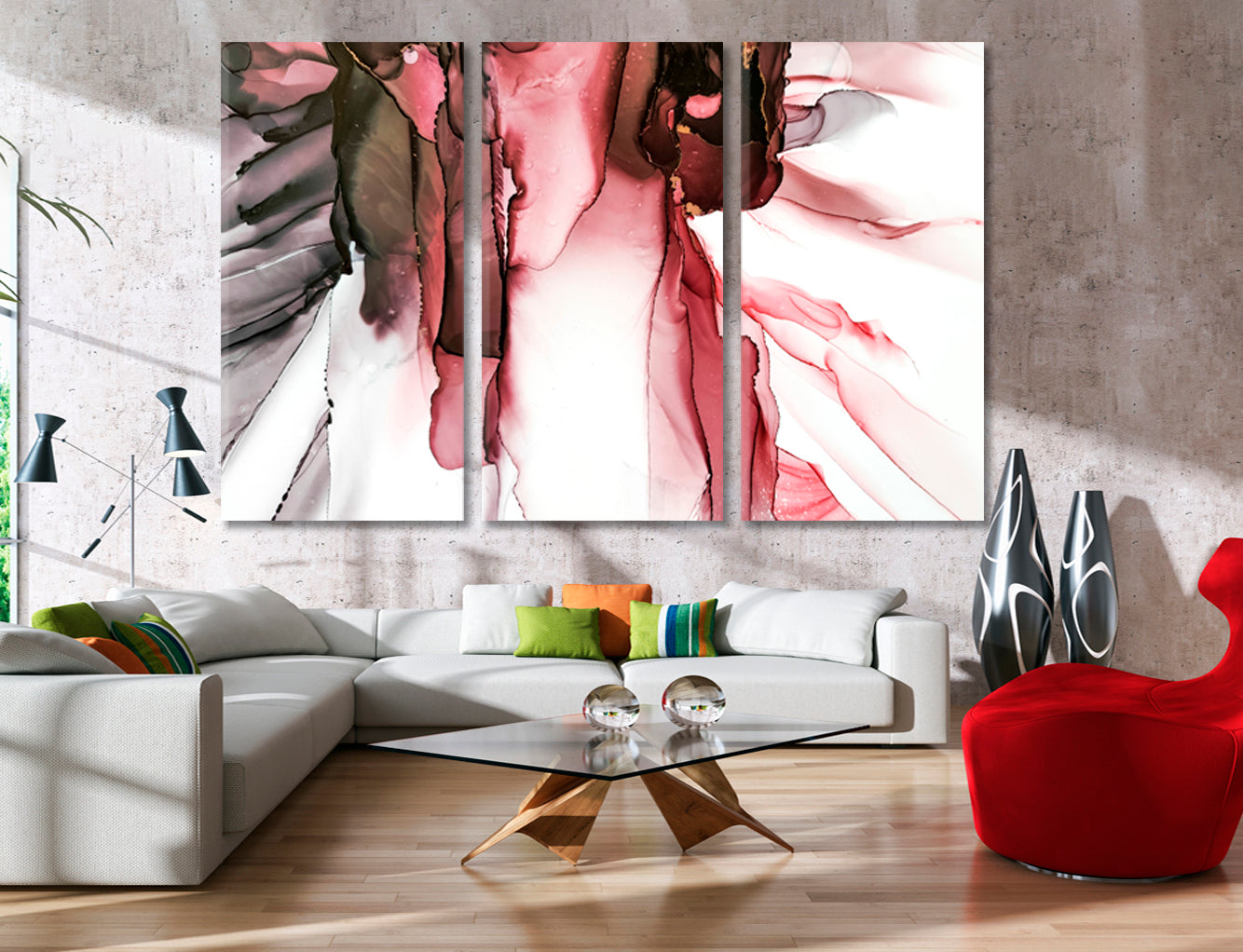 MAROON PEARL Colorful Splash Marble Alcohol Ink Pattern Fluid Art, Oriental Marbling Canvas Print Artesty 3 panels 36" x 24" 