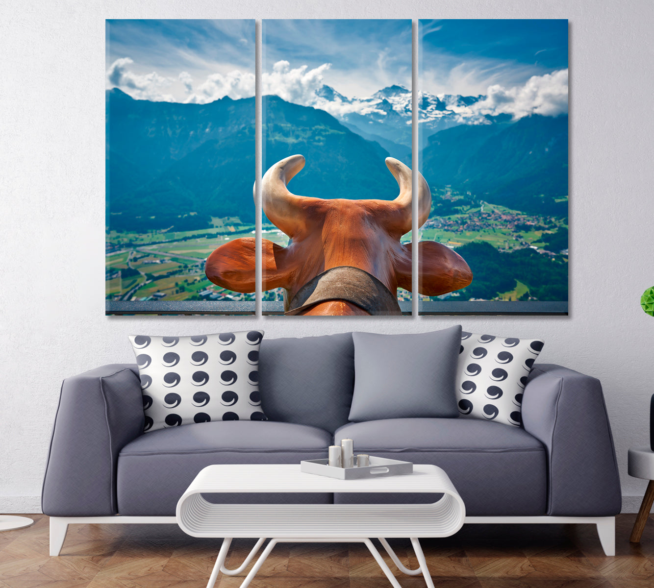 Cow Horns And Switzerland Mountain Landscape Poster Scenery Landscape Fine Art Print Artesty 3 panels 36" x 24" 