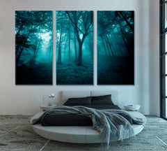 Mystic Turquoise Foggy Fairy Tale Forest Trees Landscape Nature Wall Canvas Print Artesty 3 panels 36" x 24" 