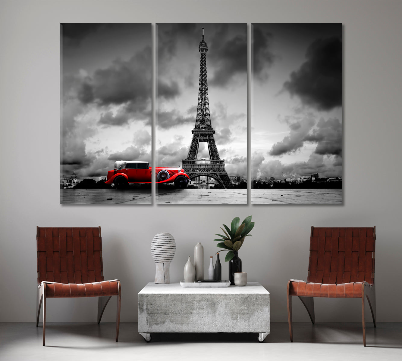 Eiffel Tower Paris France Red Retro Car Black and White Vintage Artistic Black and White Wall Art Print Artesty 3 panels 36" x 24" 