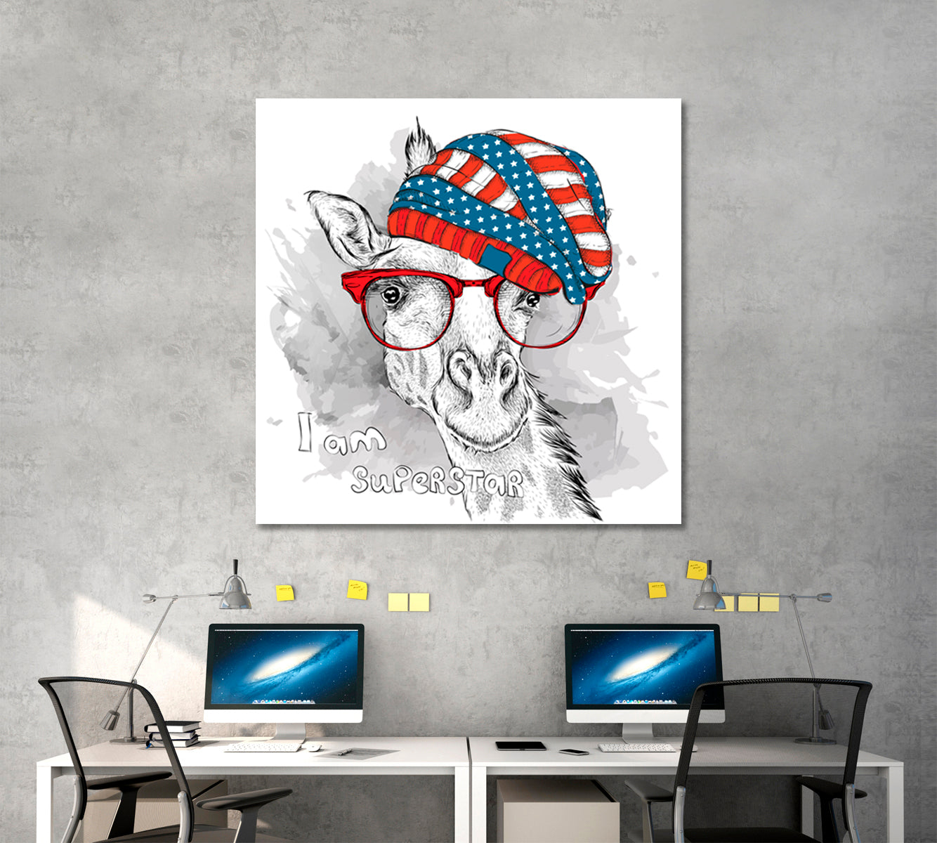 SUPERSTAR Cute Giraffe Hipster USA Hat Baby Room Canvas Print | Square Panel Animals Canvas Print Artesty   