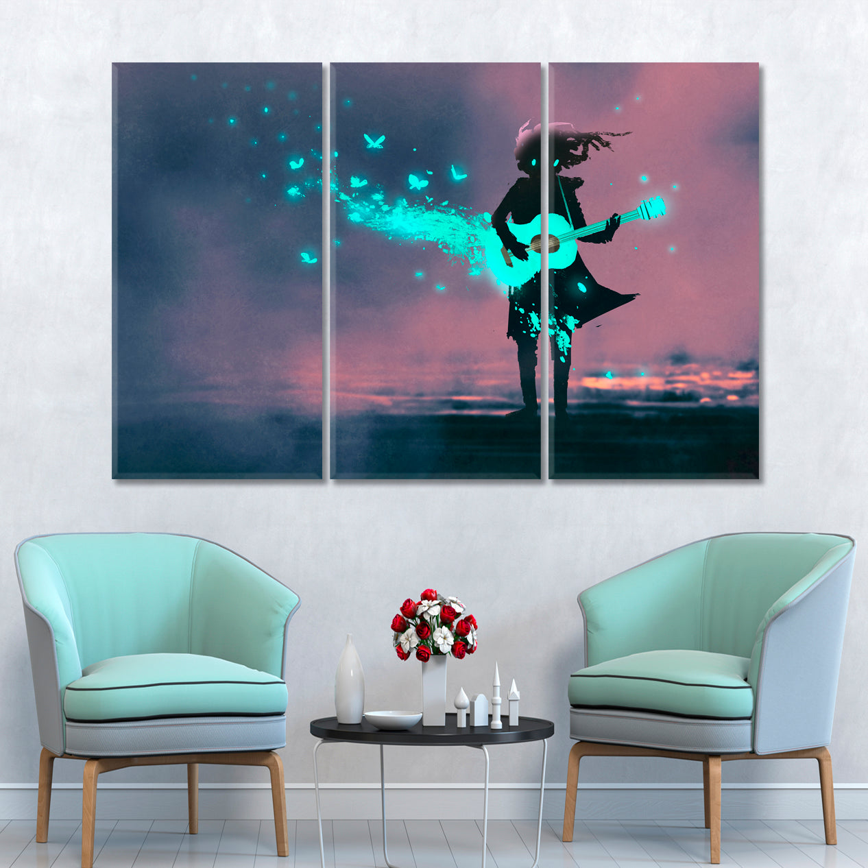 MUSIC OF THE NIGHT Fantastic Neon Glowing Guitar Sparks Purple Space Surreal Fantasy Large Art Print Décor Artesty 3 panels 36" x 24" 