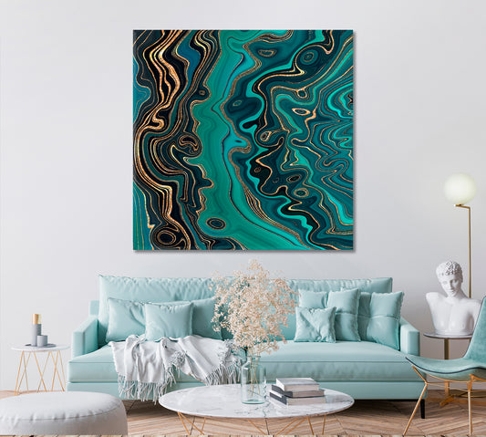 MALACHITE Abstract Green Wavy Lines Gold Glitter Veins Modern Marble Fluid Art, Oriental Marbling Canvas Print Artesty 1 Panel 12"x12" 