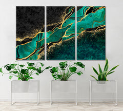 Green Malachite | Luxury Abstract Marble With Golden Veins Giclée Print Fluid Art, Oriental Marbling Canvas Print Artesty 3 panels 36" x 24" 