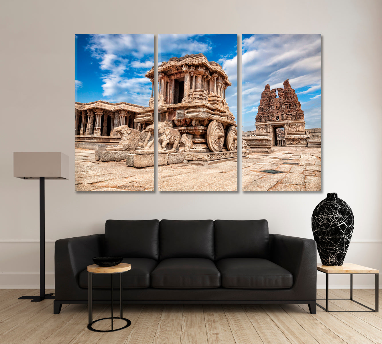 Vitthala Temple Chariot Temple Hampi Ancient Attraction India Rich Culture Canvas Print Traveling Around Ink Canvas Print Artesty 3 panels 36" x 24" 
