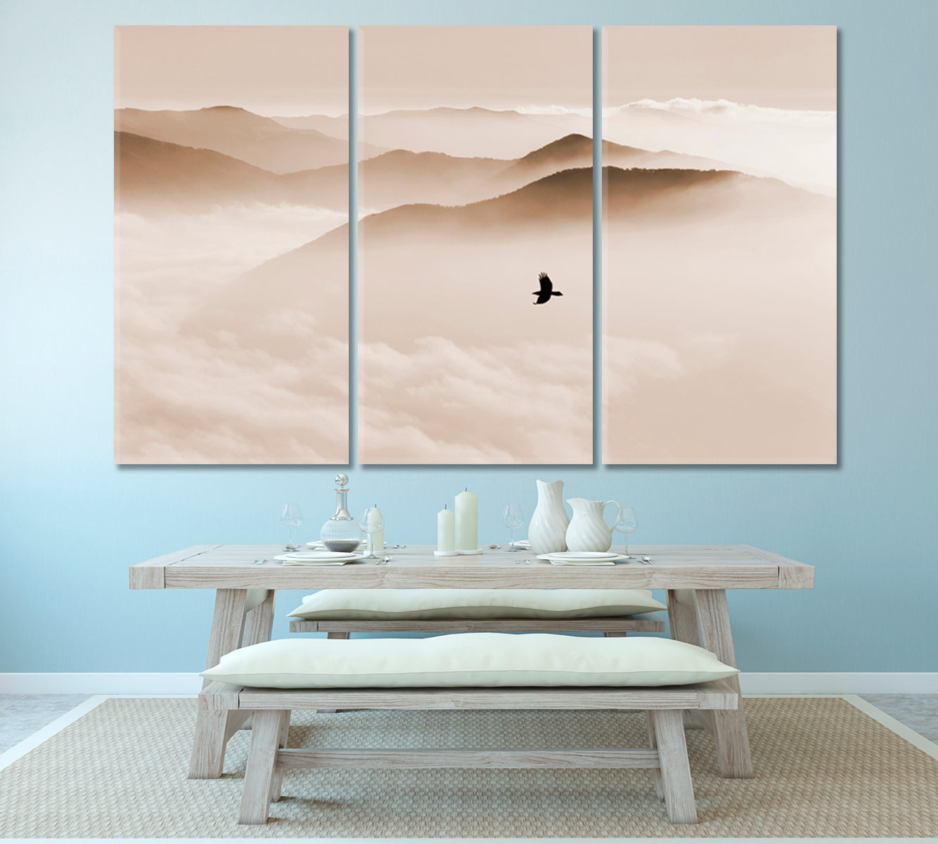 Breathtaking Landscape Sky and Mountain Mist, Silhouettes of Misty Mountains, bird flying, sepia toning Skyscape Canvas Artesty 3 panels 36" x 24" 