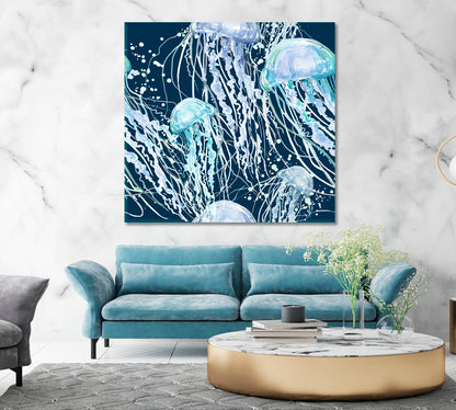 JELLYFISH | Blue Ocean Abstract Jellyfish Canvas Print - Square Panel Nautical, Sea Life Pattern Art Artesty   