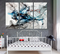 Gray Blue Marble Translucent Waves Free-flowing Smok Fluid Art, Oriental Marbling Canvas Print Artesty 3 panels 36" x 24" 