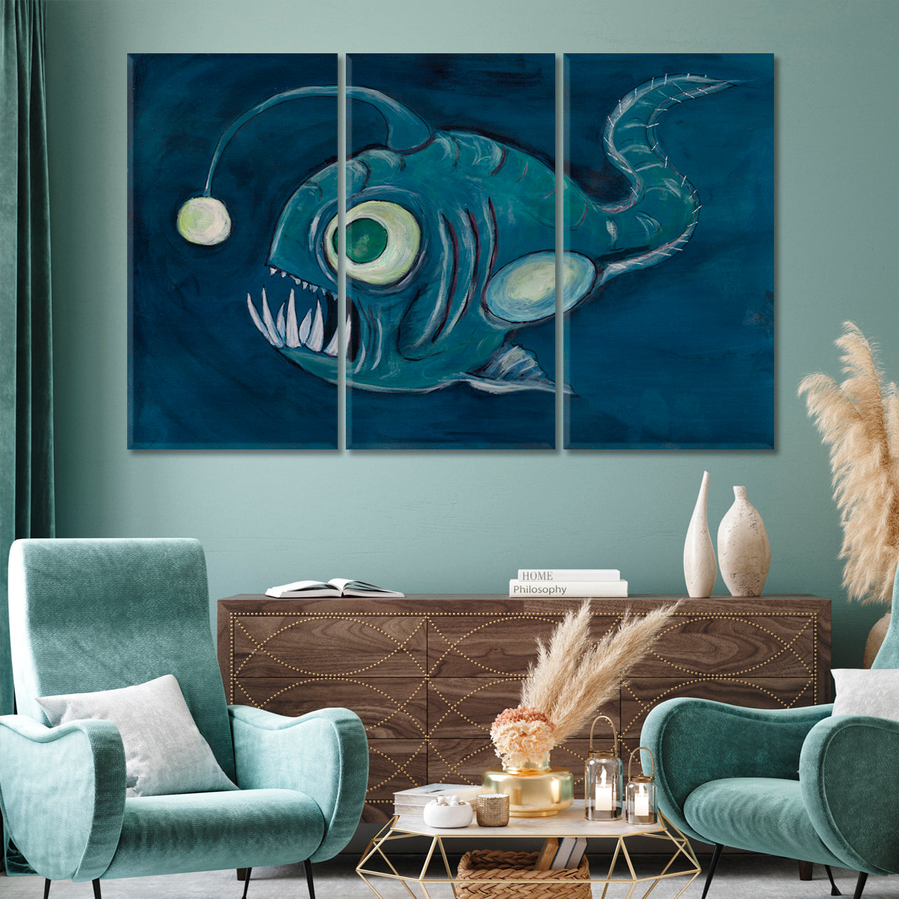 Abstract Fish Deep Sea Animals Canvas Print Artesty 3 panels 36" x 24" 