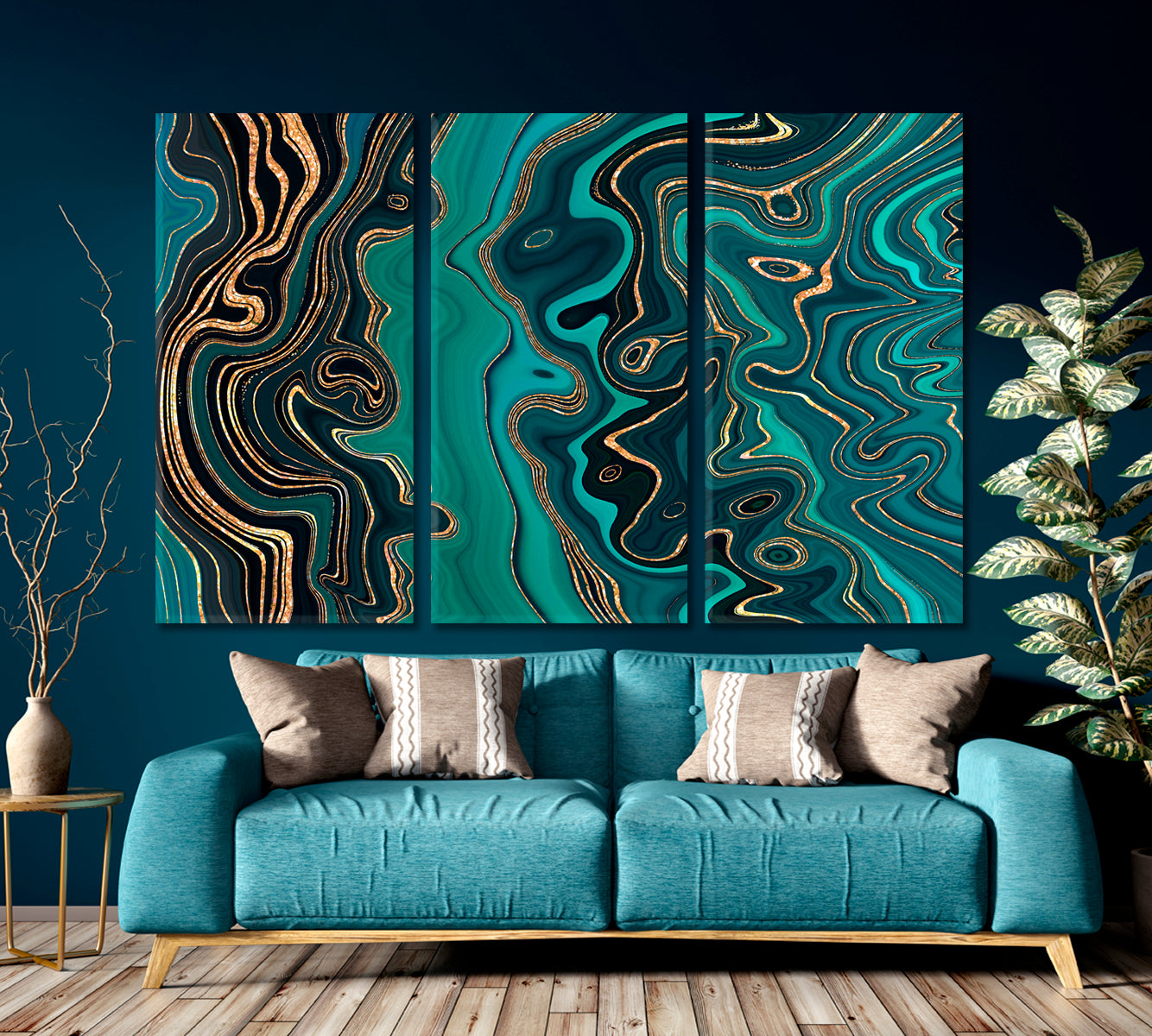 Abstract Green Turquoise Emerald Wavy Lines Gold Glitter Veins Fluid Art, Oriental Marbling Canvas Print Artesty 3 panels 36" x 24" 