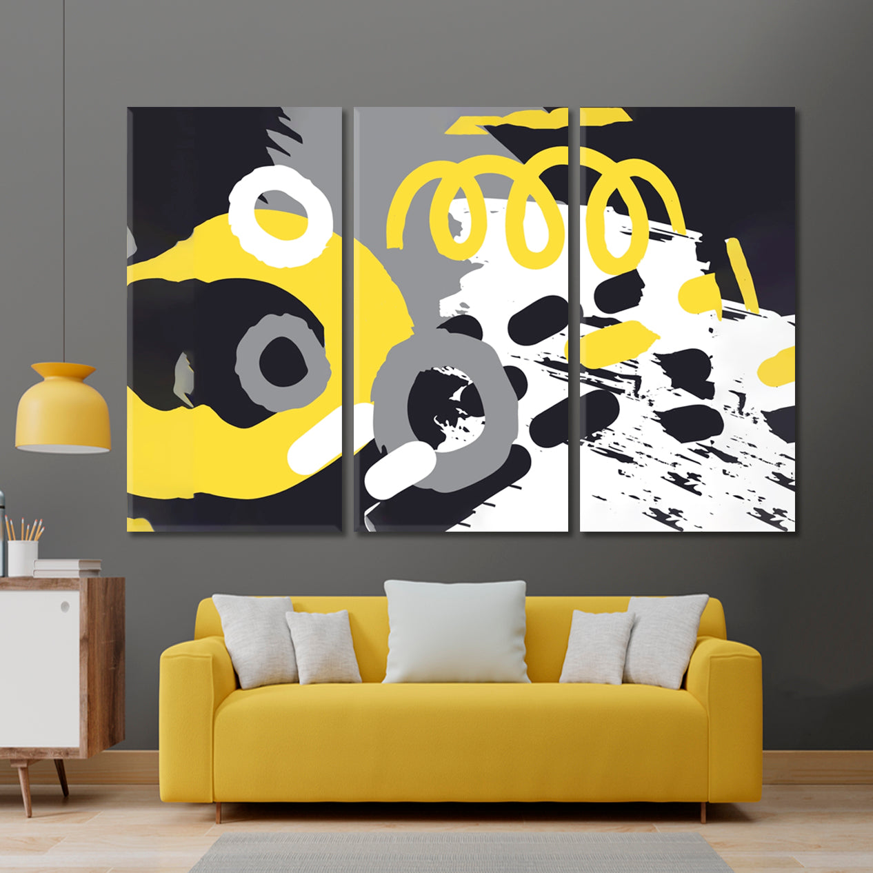 TRENDY GRAY YELLOW Illuminating and Ultimate Grey Colors of the Year 2024 Abstract Art Print Artesty 3 panels 36" x 24" 